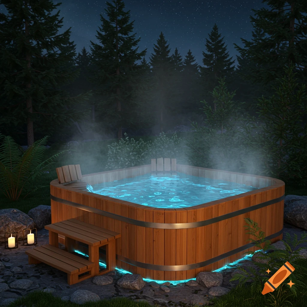 Photorealistic wooden hot tub steaming in a dark forest at night with glowing blue lights, wooden steps, and lit candles.