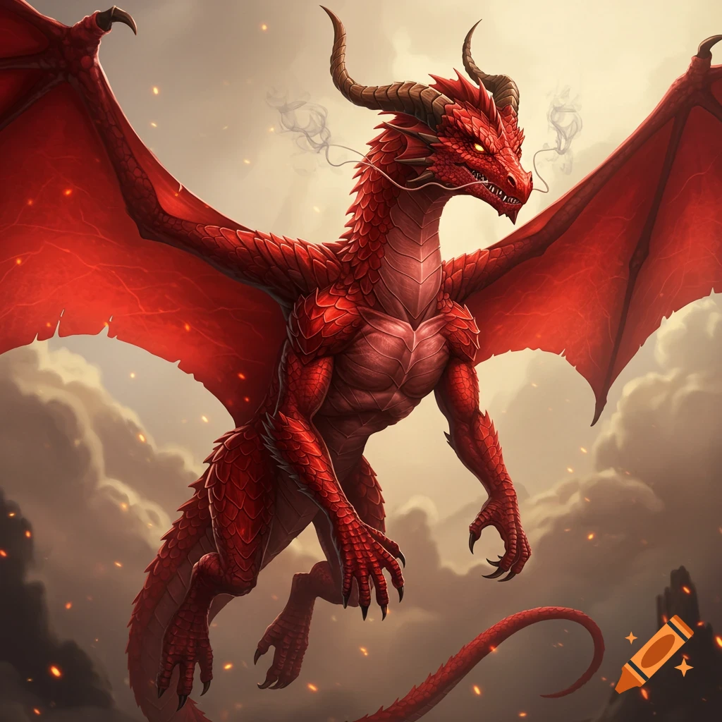 A majestic, muscular red dragon with large wings and horns flies through a cloudy, fire-lit sky in a detailed, realistic art style.