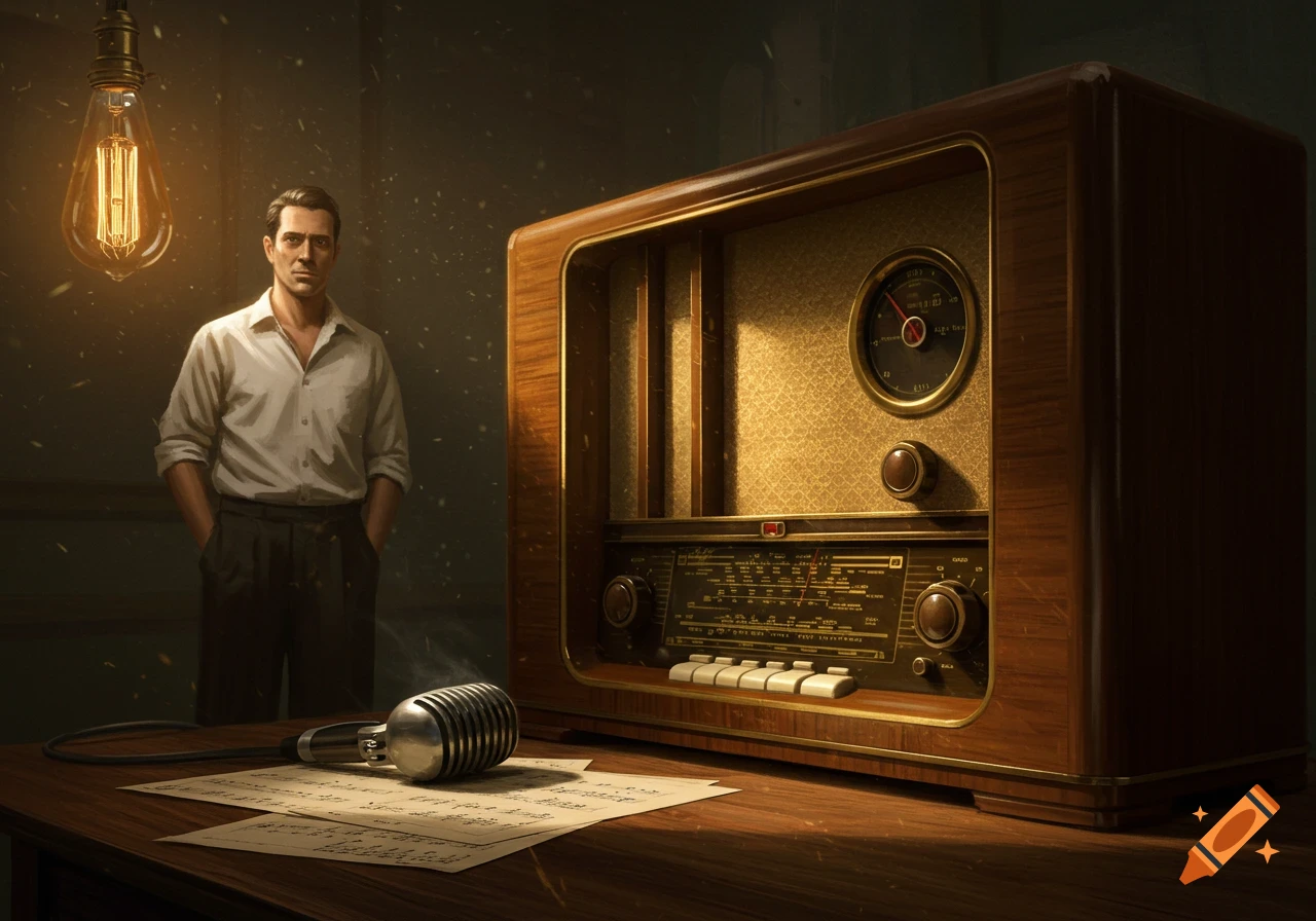 A man stands behind a vintage wooden radio with a microphone and sheet music on a table, lit by an Edison bulb.