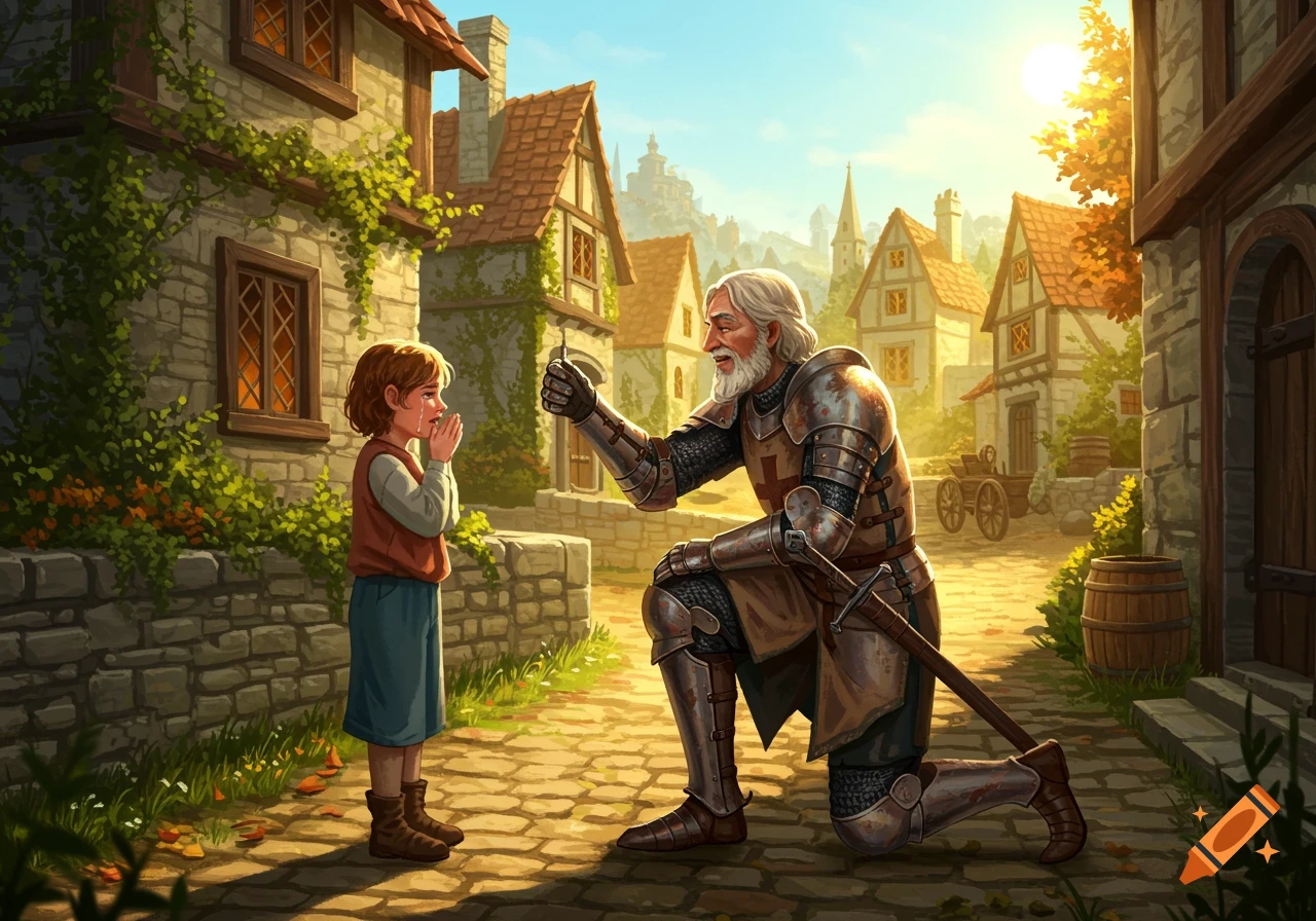 A kneeling knight in shining armor comforts a crying child in a sunlit medieval village, detailed illustration.