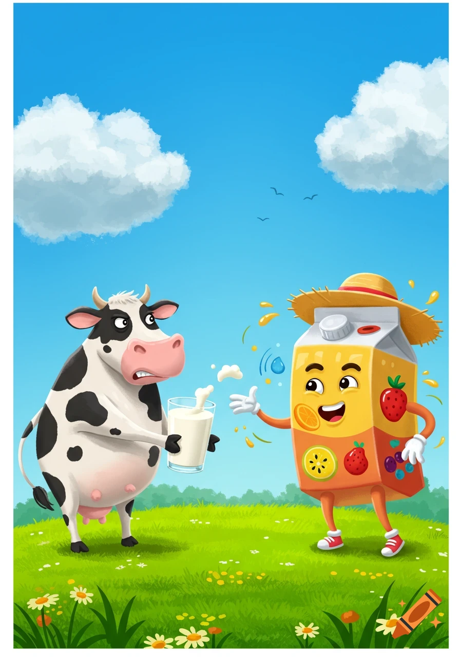 A cartoon cow holding milk looks displeased at a smiling anthropomorphic juice box in a sunny field.