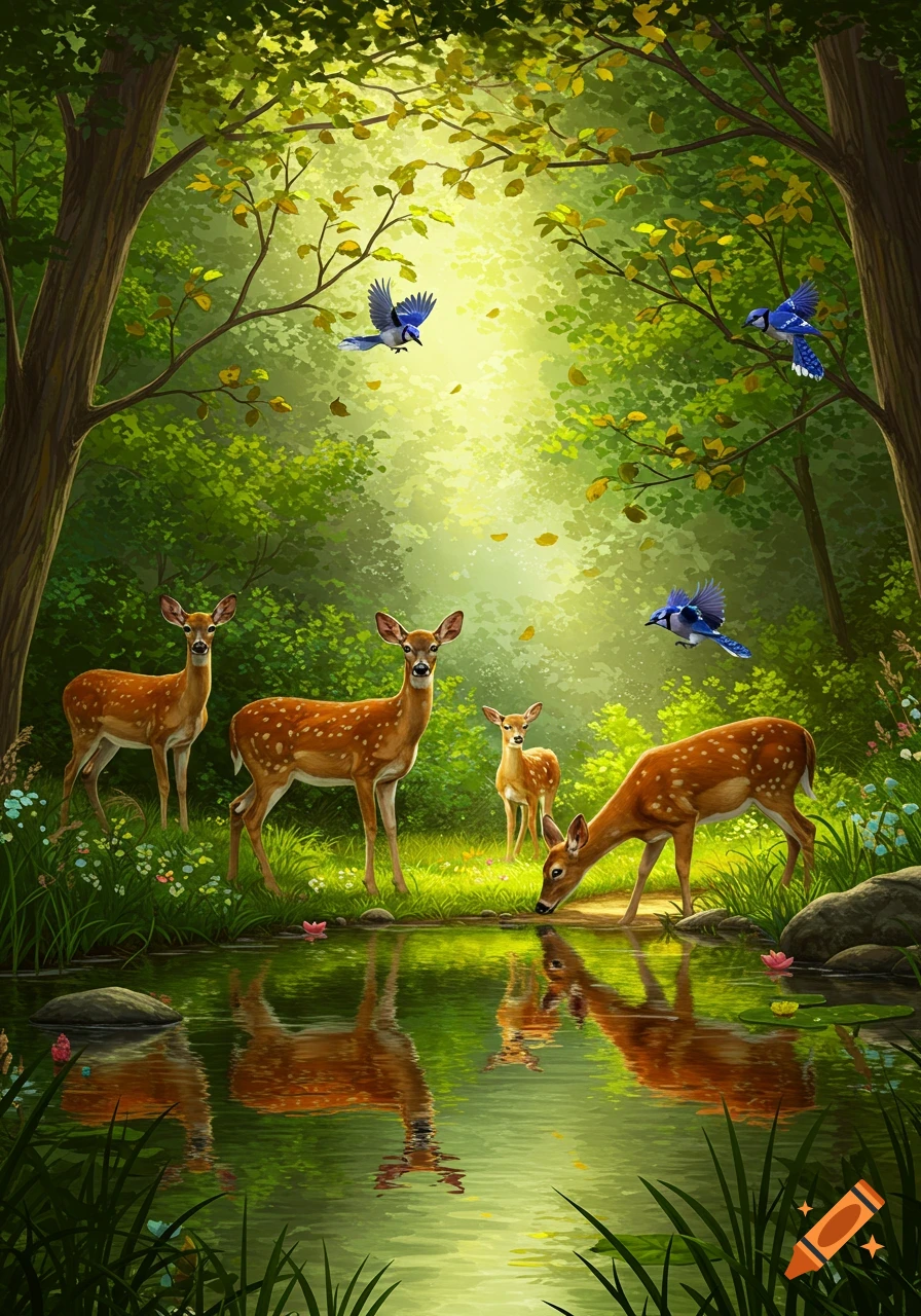 Vibrant illustration of a family of deer and blue jays in a sunlit forest clearing, with deer drinking from a pond.
