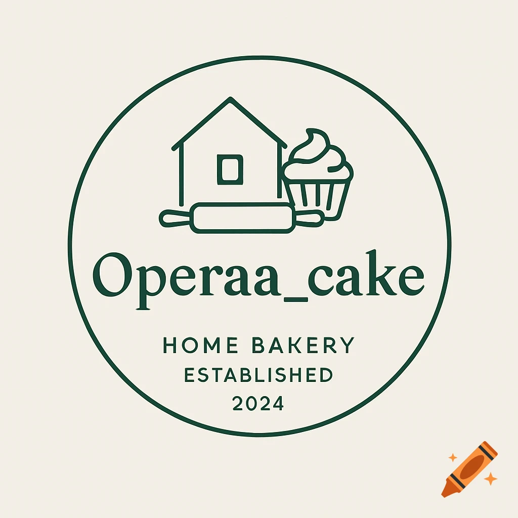 Circular minimalist logo for 'Operaa_cake' home bakery featuring a house, rolling pin, and cupcake in green line art.
