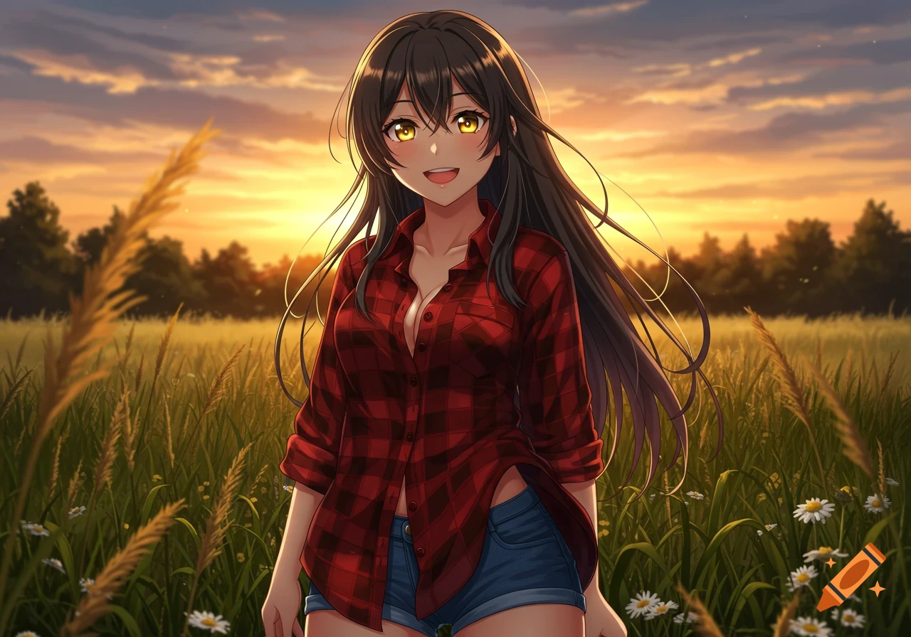 Anime girl with dark hair in a red plaid shirt and denim shorts stands in a sunlit field at sunset, smiling.