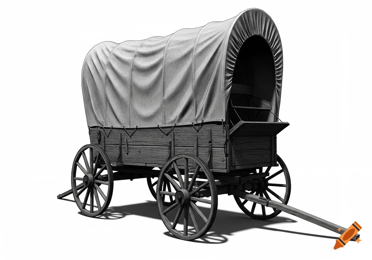 A detailed black and white rendering of an old western covered wagon on a white background.