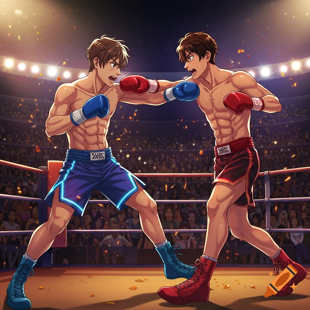 Two muscular young men in anime style boxing in a brightly lit arena, one throwing a punch.