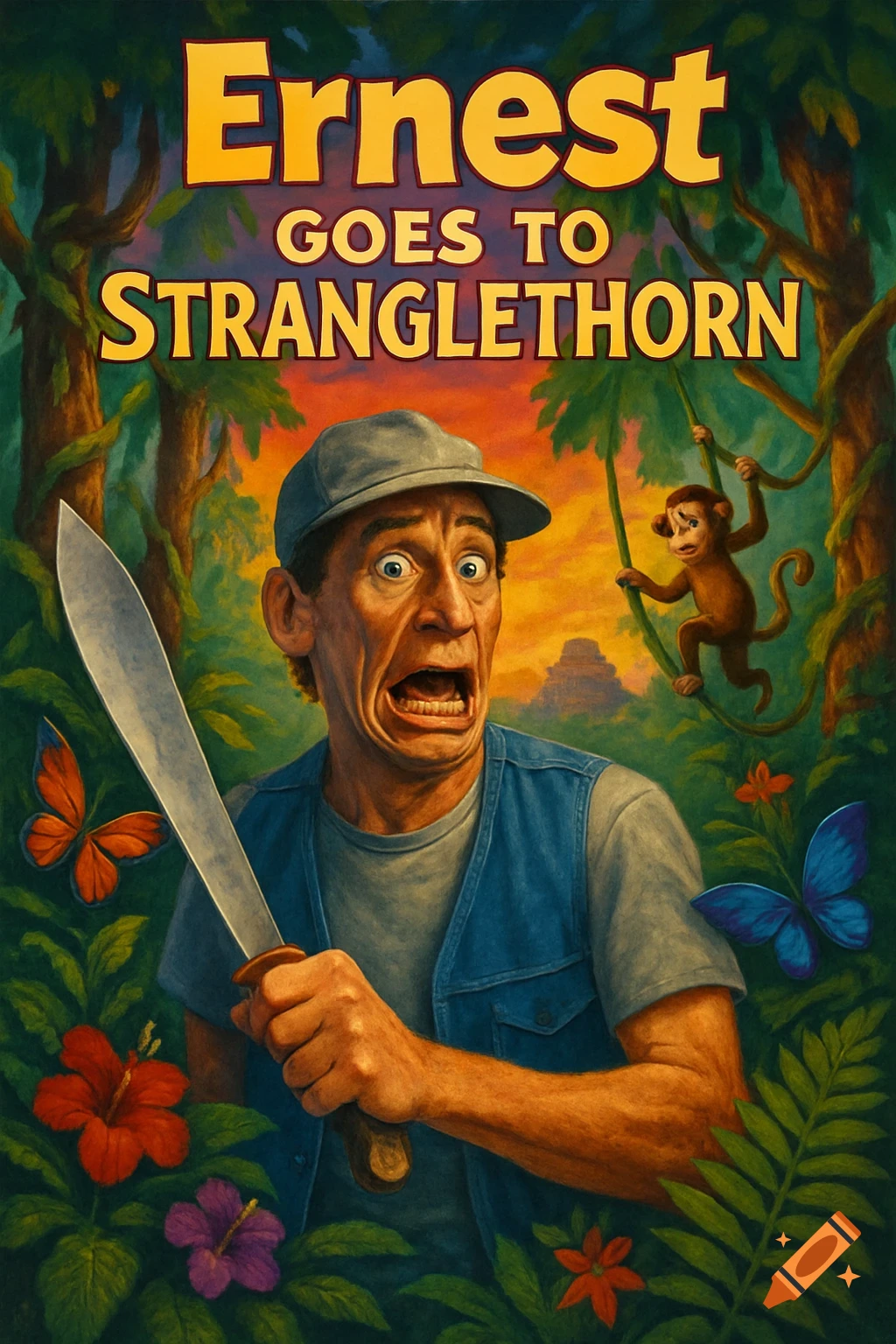 A man with a scared expression holds a machete in a vibrant jungle movie poster, with a monkey, butterflies, and a temple.