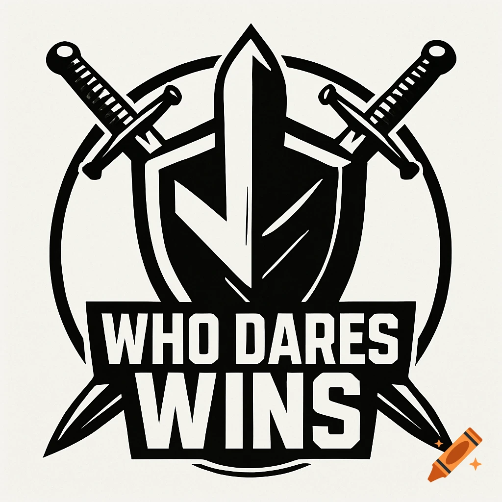Black and white military-themed logo with a shield, two crossed swords, and the text 'WHO DARES WINS'.
