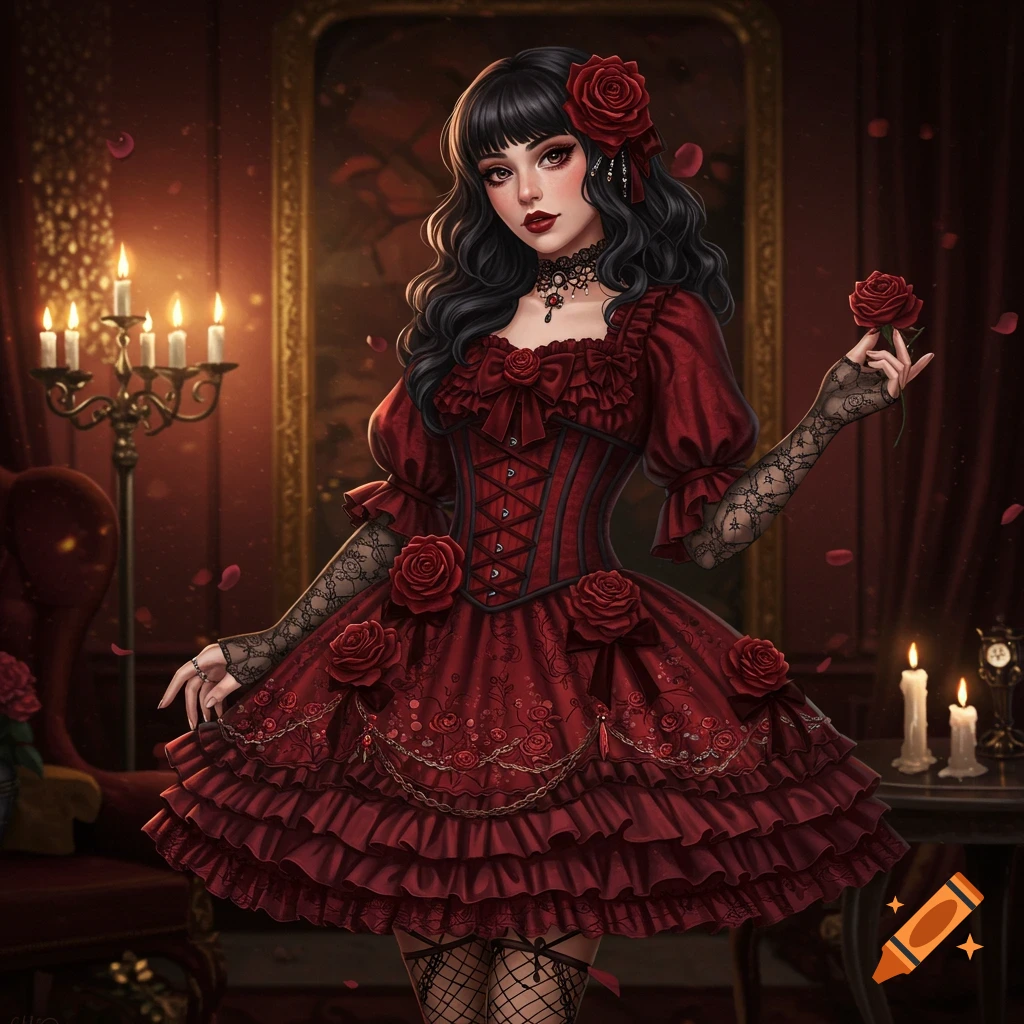A woman with black hair in a red gothic lolita dress adorned with roses, holding a rose in an ornate, candlelit room.