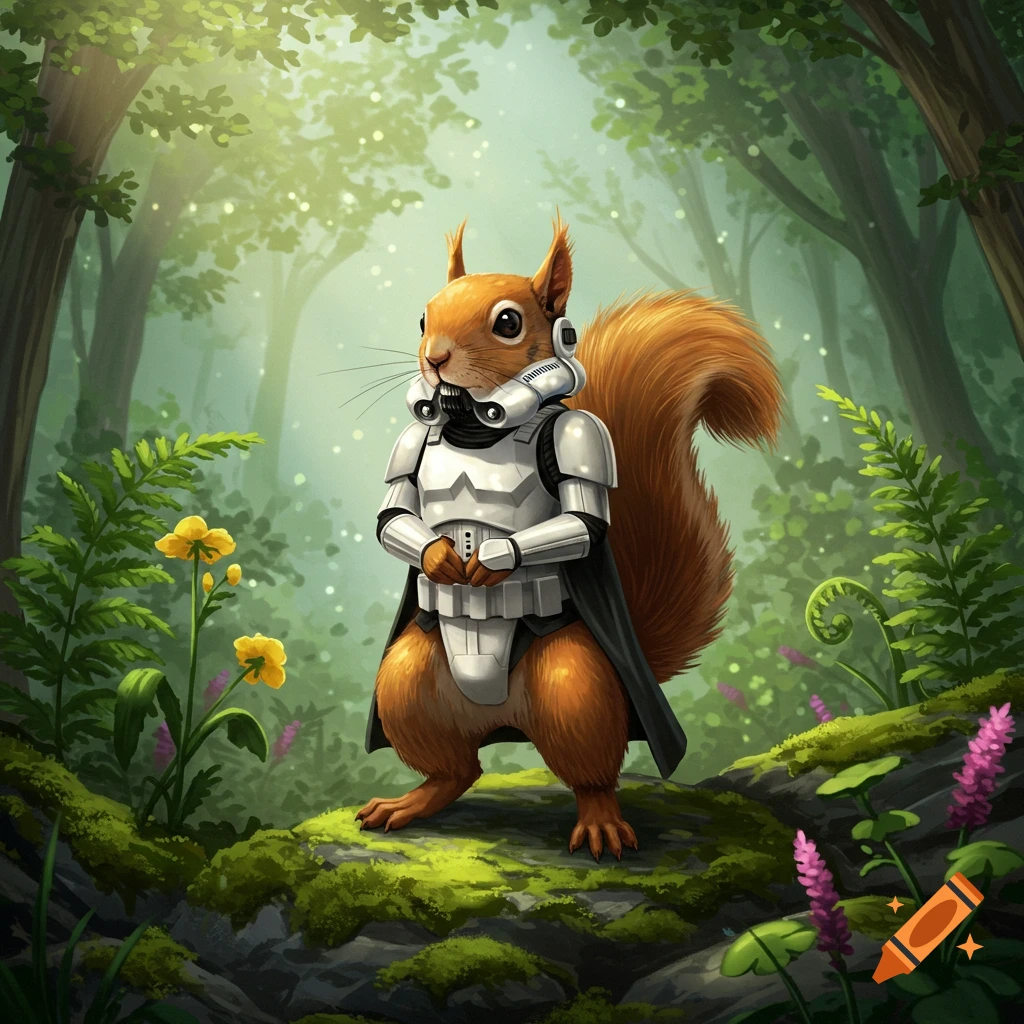 A cute squirrel dressed in a white stormtrooper uniform and black cape stands in a magical forest clearing with moss and flowers.