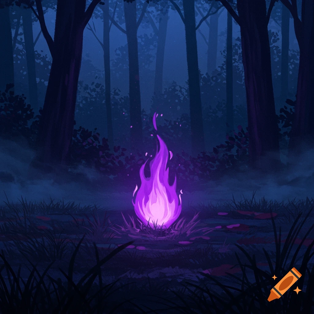 A glowing purple flame on a dark forest floor, surrounded by trees and mist in a stylized digital art.