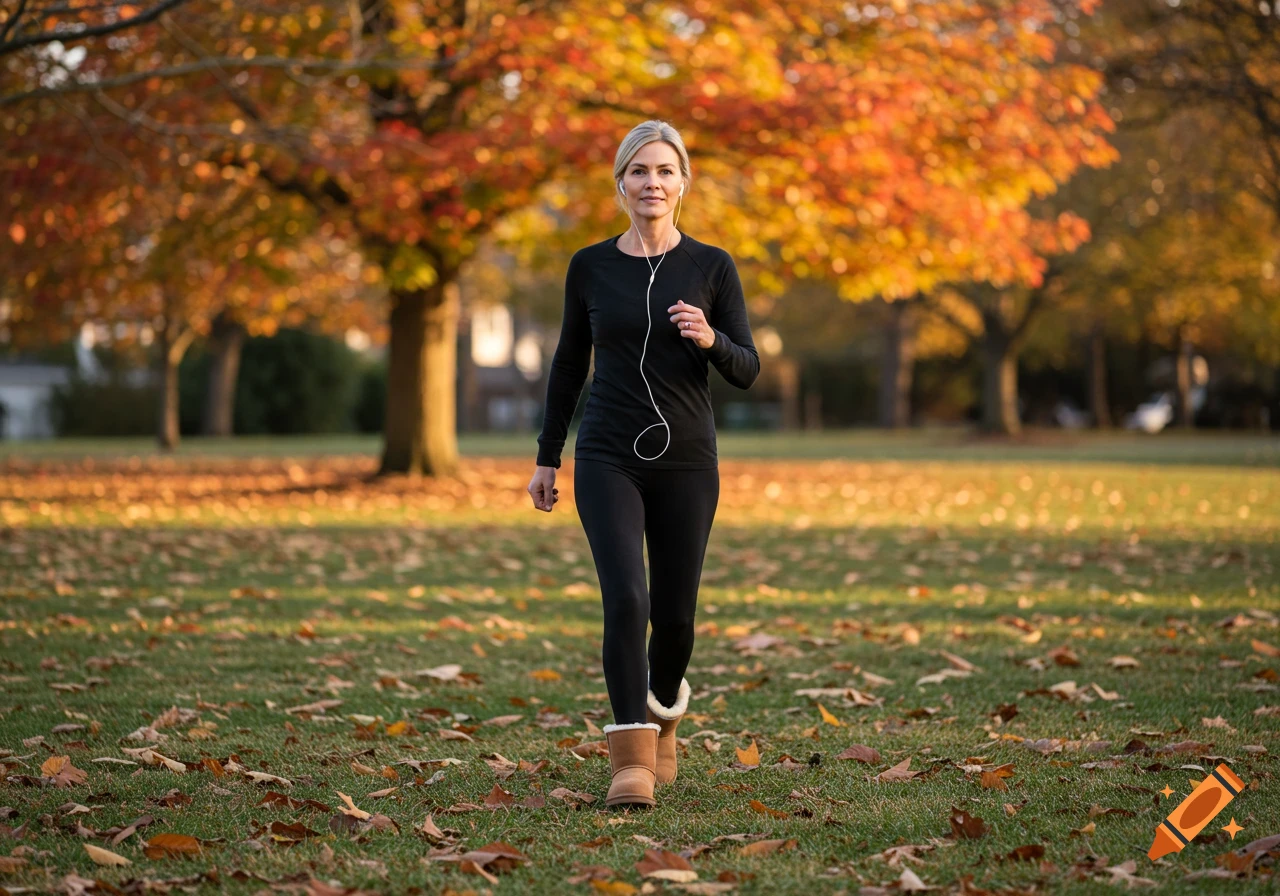 A middle-aged woman in black activewear and Ugg boots walks through an autumn park with colorful trees.