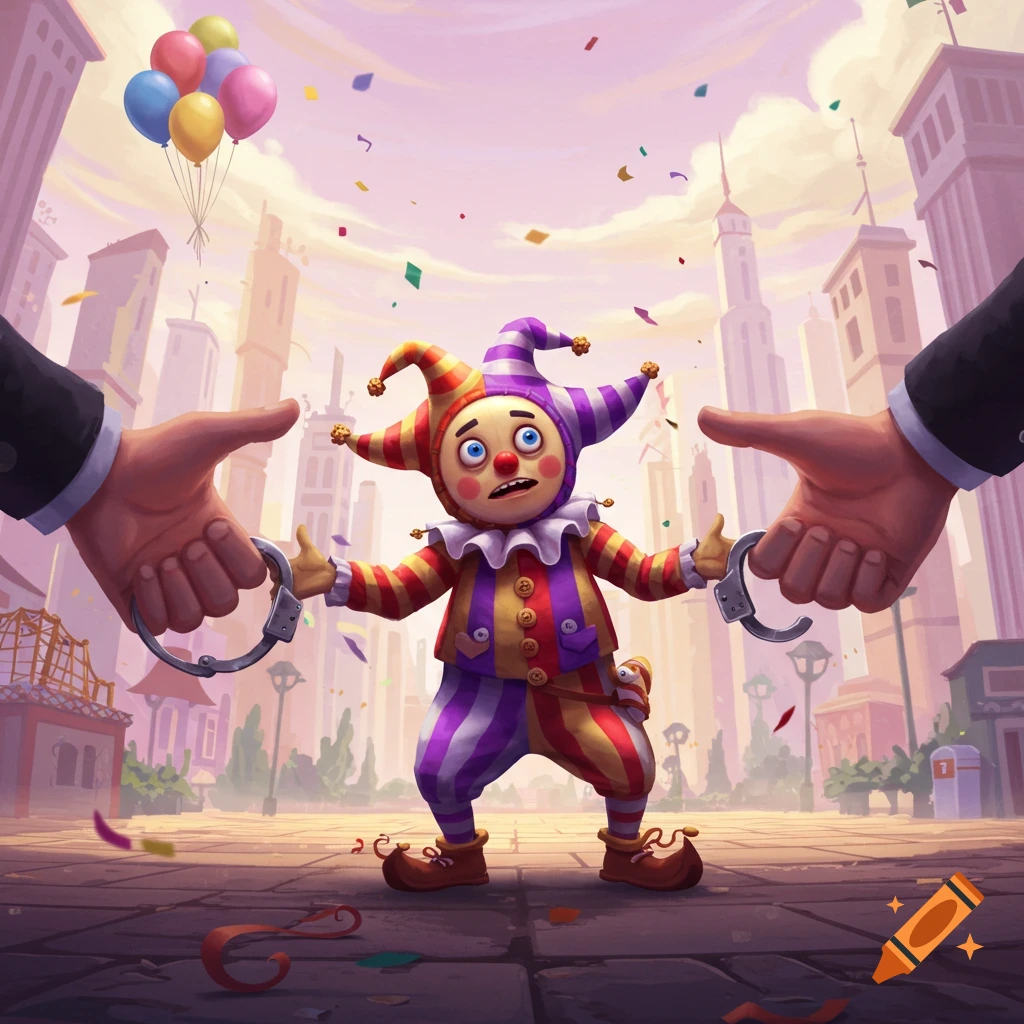 A scared cartoon jester in a colorful costume is handcuffed by two large, disembodied hands in a city street with confetti and balloons.