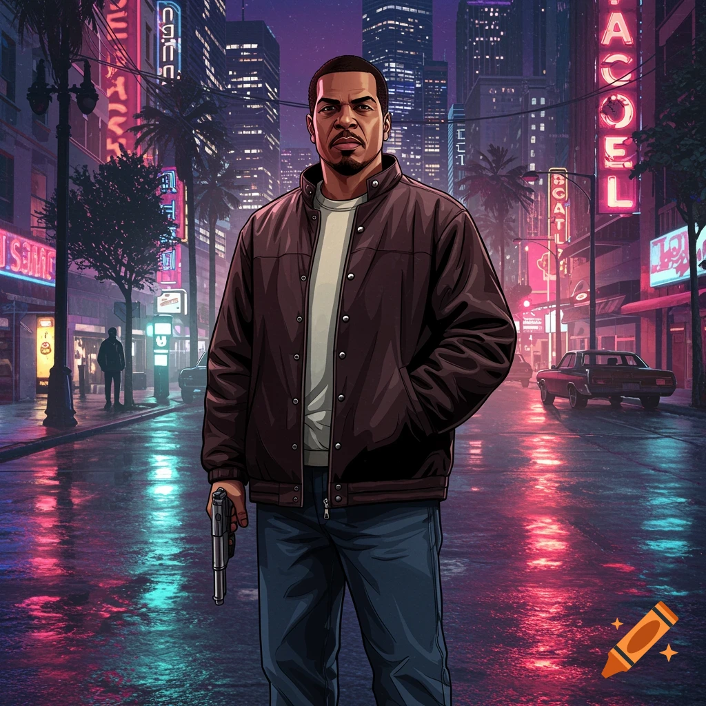 GTA-style illustration of a man with a gun in a neon-lit futuristic city at night. He wears a brown jacket and blue jeans, standing on a wet street reflecting city lights.