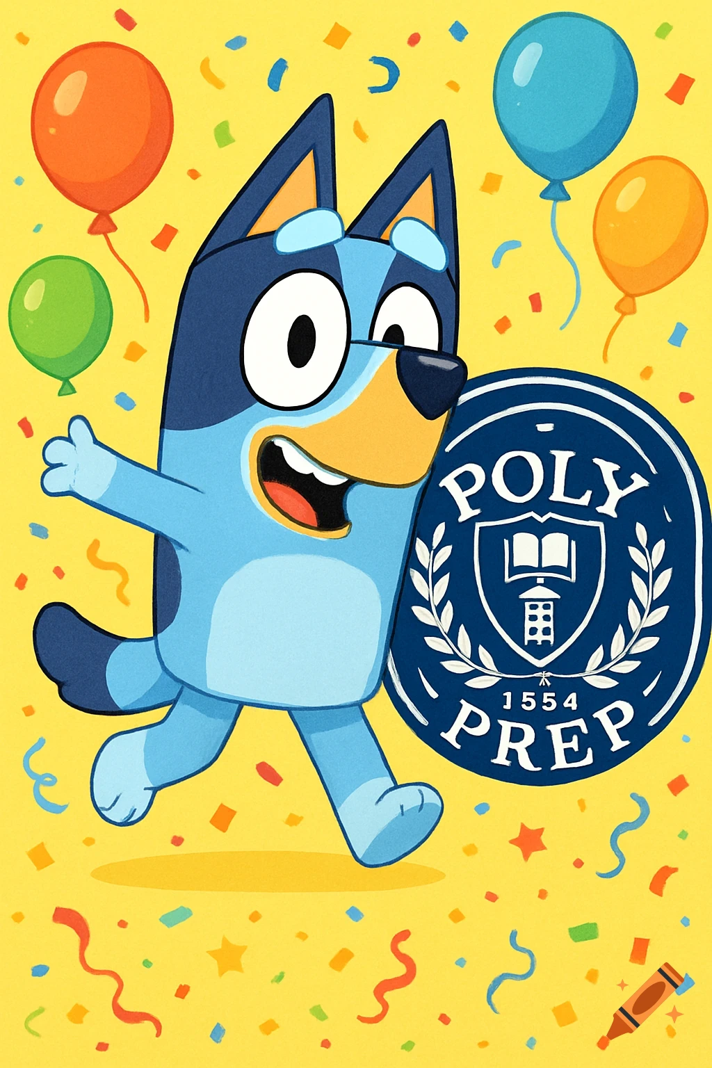 Bluey the cartoon dog runs happily on a yellow background with colorful balloons and confetti, holding a blue shield with the 'POLY PREP 1554' school logo.