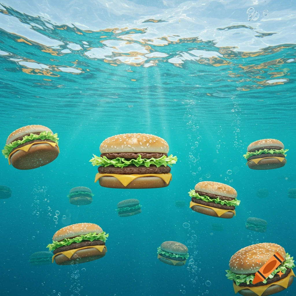 Many Big Mac hamburgers floating underwater with sun rays and bubbles.