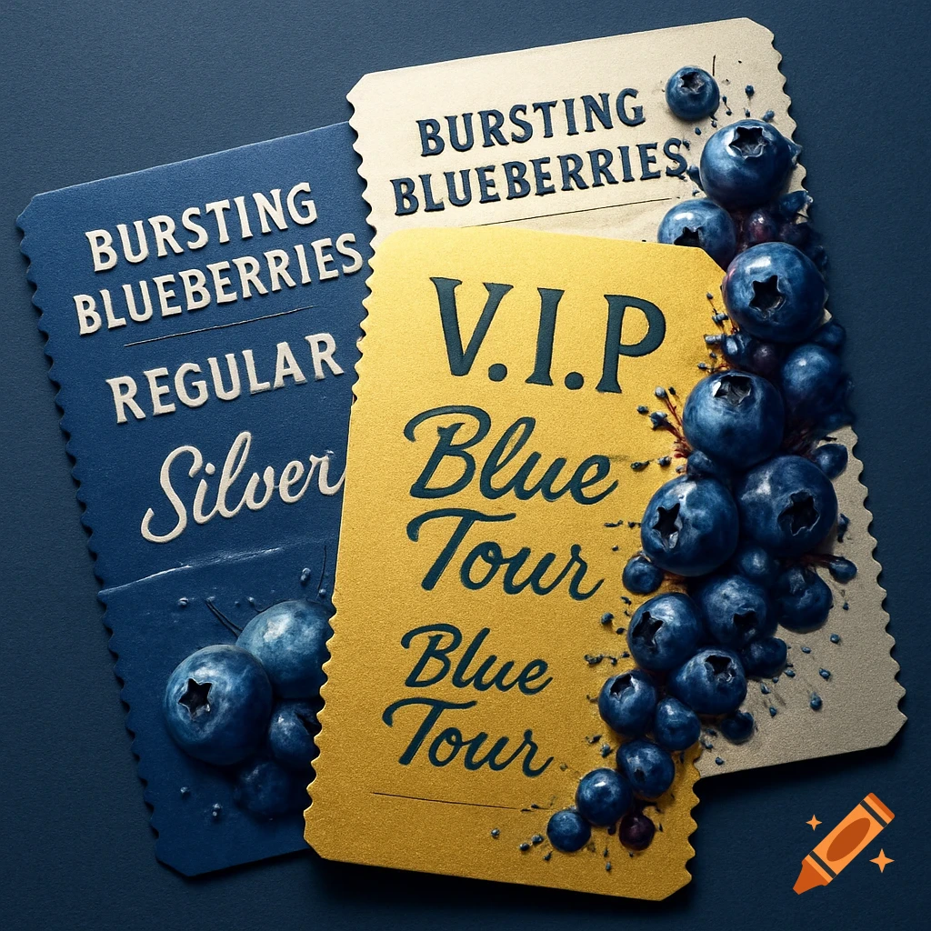 Three ticket designs for a band named Bursting Blueberries. A blue ticket says "REGULAR Silver", a gold ticket says "V.I.P. Blue Tour Blue Tour", and a cream ticket says "BURSTING BLUEBERRIES". All feature blueberries and a textured background.