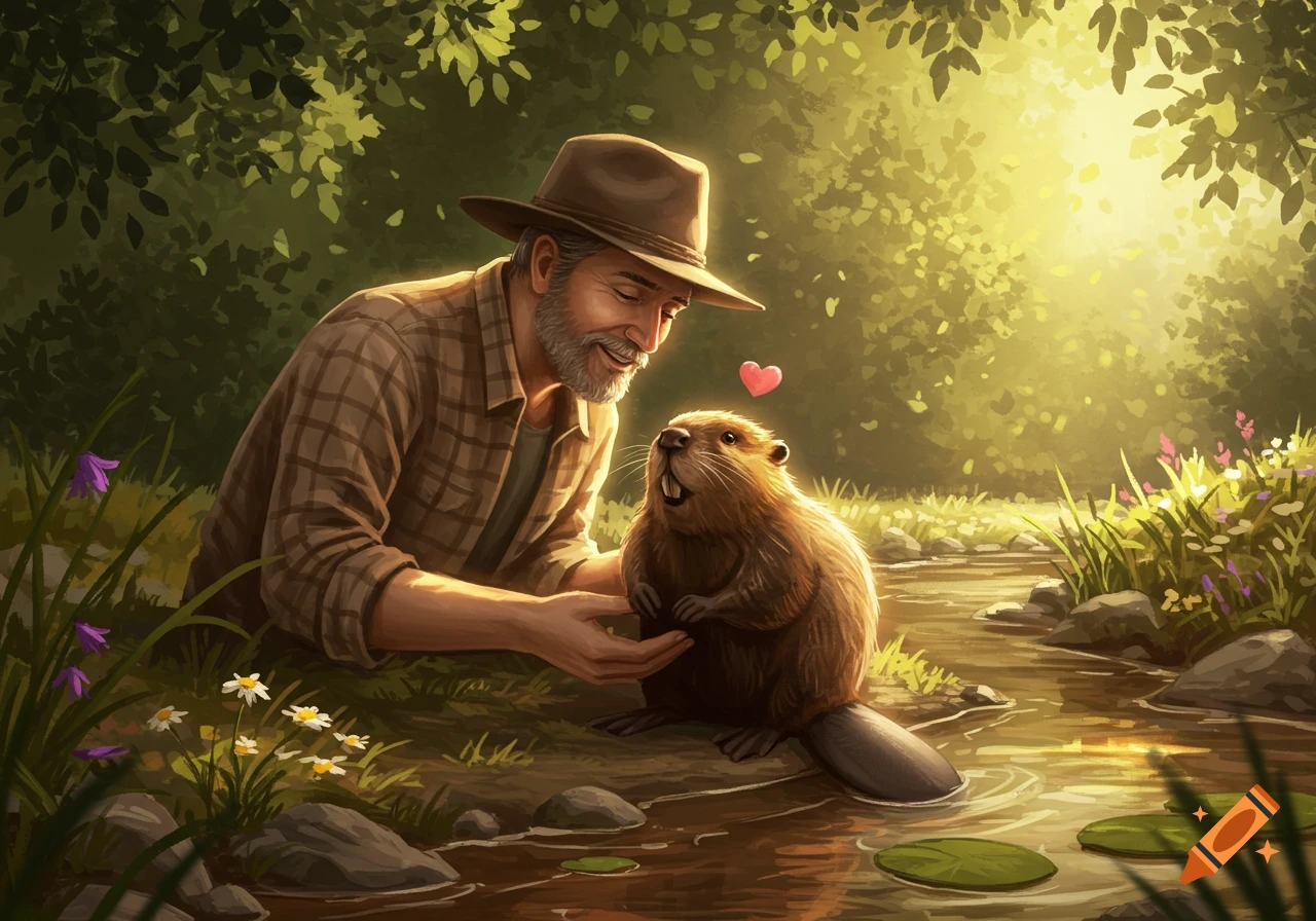 A man in a hat gently interacts with a beaver in a sunny forest stream, a pink heart floating above the beaver's head. Illustrated style.