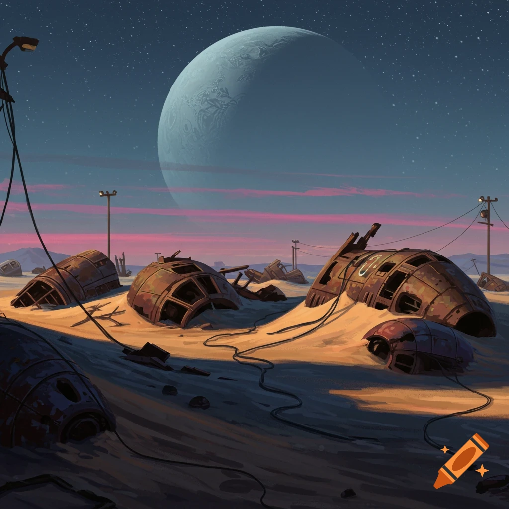 An alien desert landscape at dusk with large crashed, rusty vehicles half-buried in sand, under a sky with a giant planet and stars.