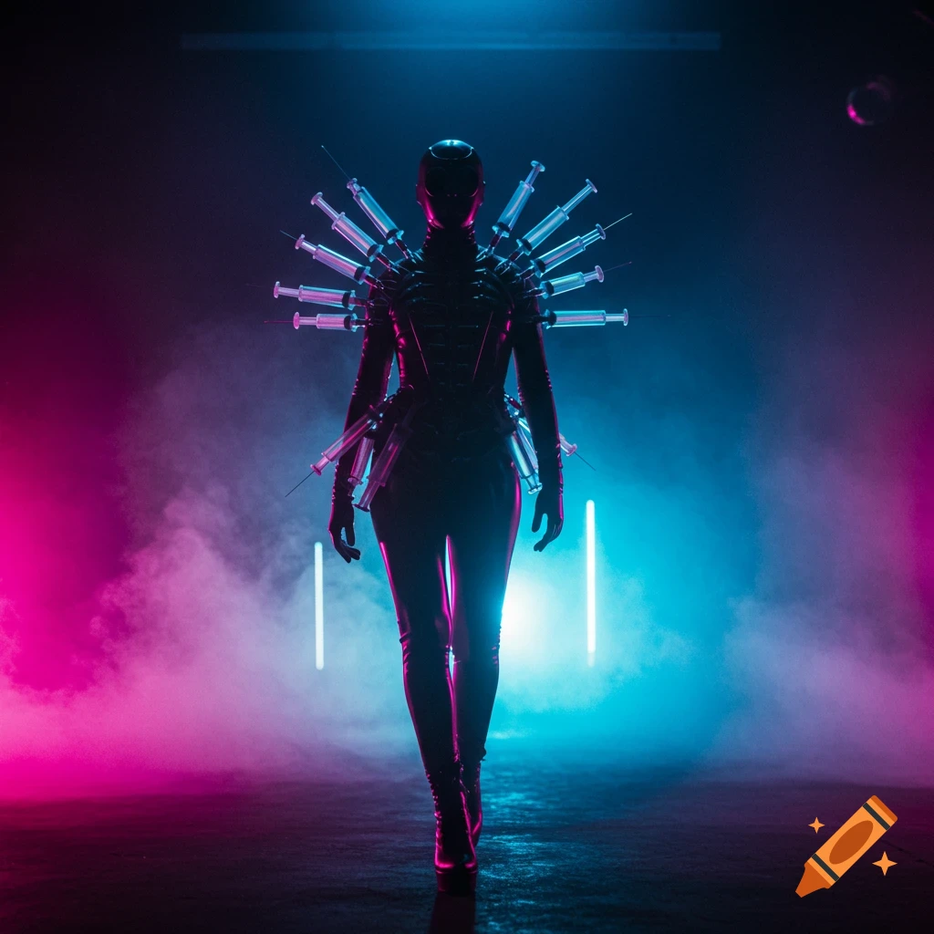 Figure in a dark, syringe-adorned suit walks through vibrant pink and blue smoky light.