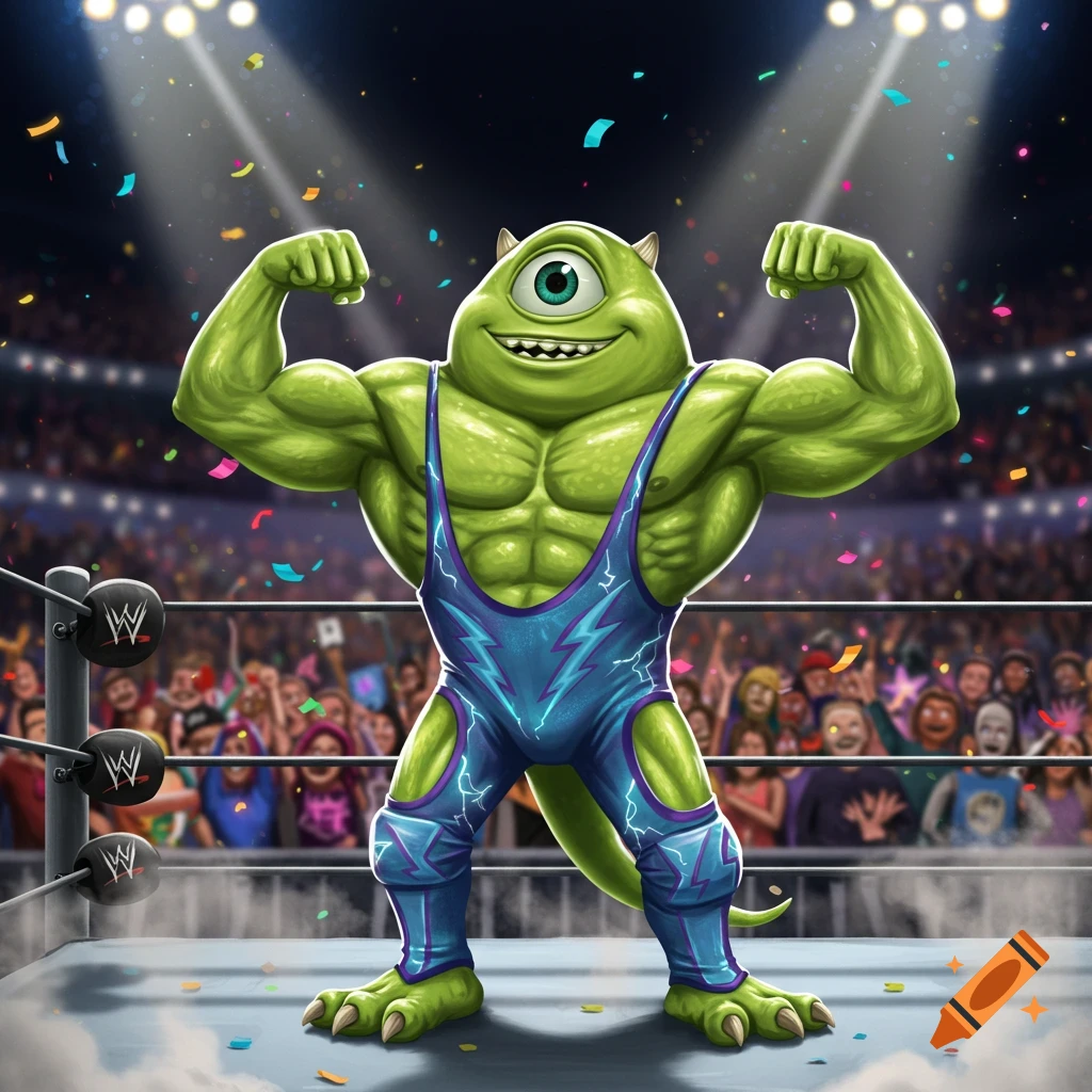 Muscular Mike Wazowski in a wrestling singlet flexing in a wrestling ring with cheering fans and confetti, illustrated.
