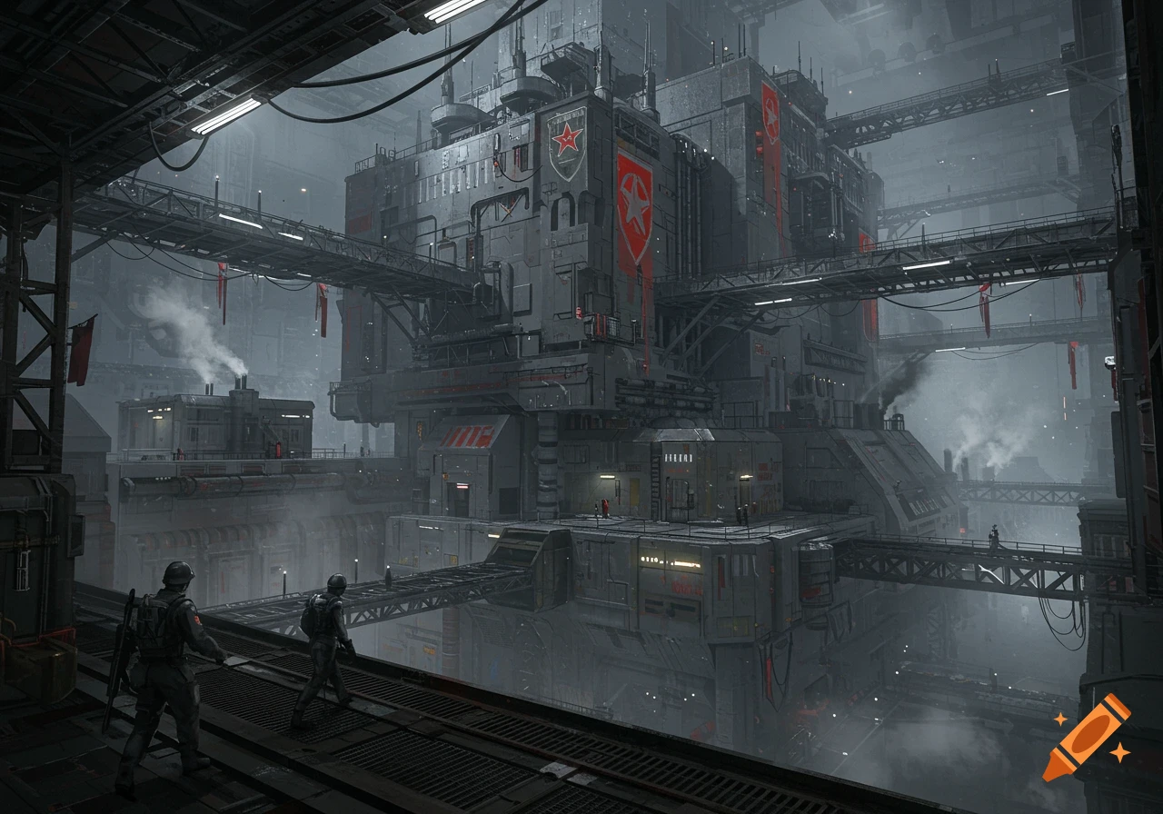 A dark, futuristic dystopian city citadel with towering grey buildings, industrial walkways, smoke plumes, and armored soldiers.