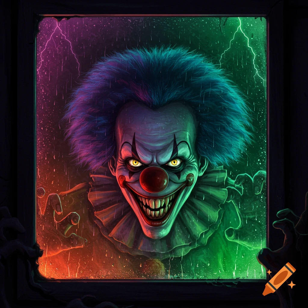 A creepy clown with blue-purple hair, yellow eyes, and sharp teeth grins through a rainy window with lightning, stylized horror illustration.