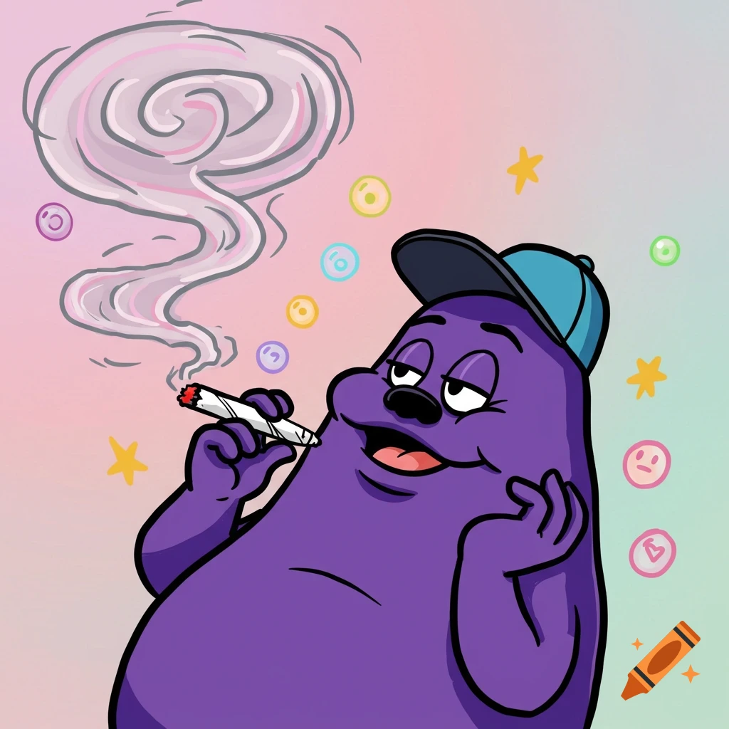 Purple cartoon character wearing a backward baseball cap, smoking a joint with smoke swirling, against a colorful background with stars and bubbles.