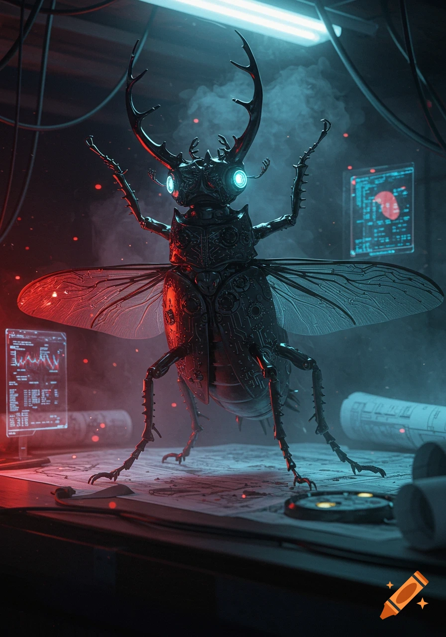A large, dark robotic beetle with glowing blue eyes stands on a cluttered desk under red and blue neon lights, surrounded by screens.