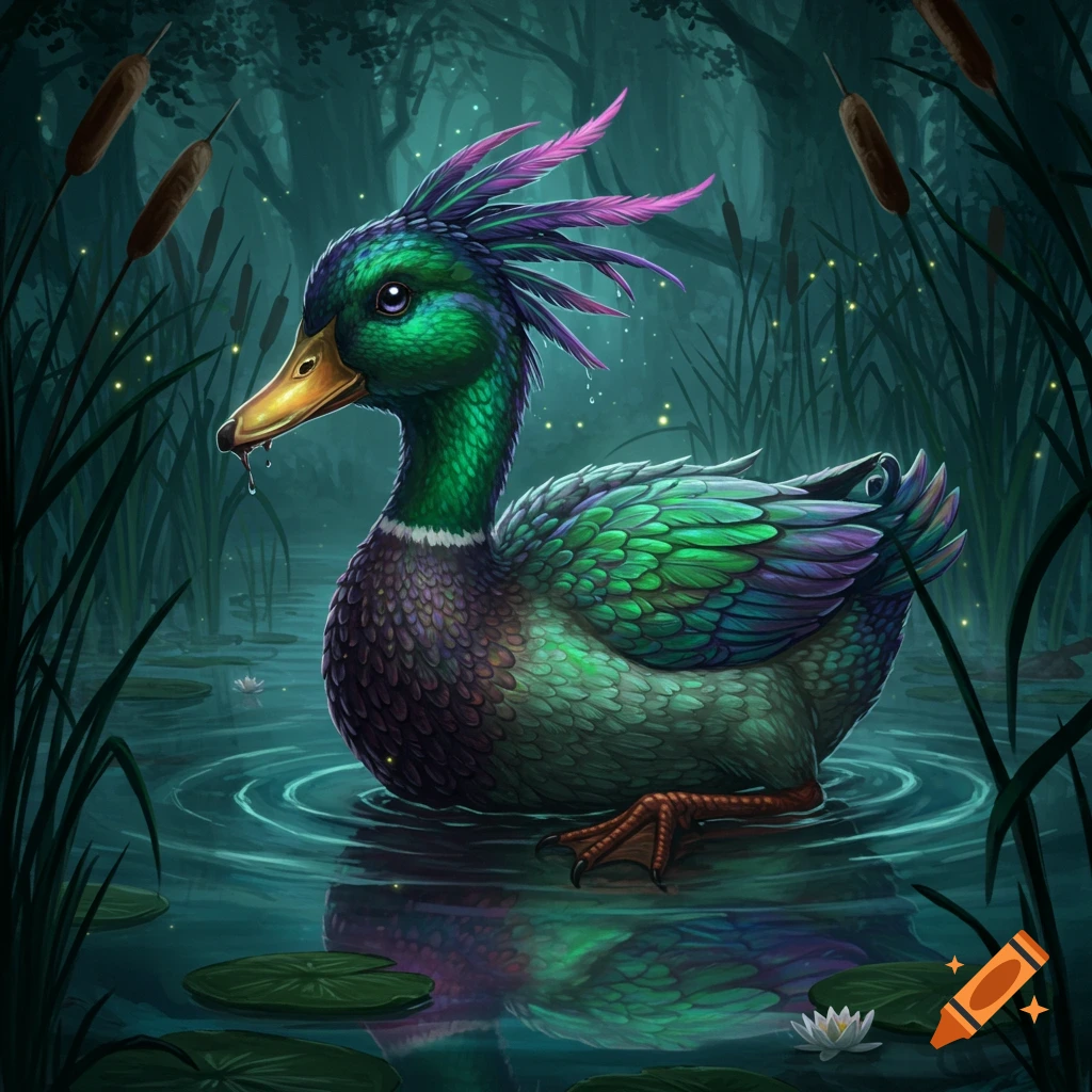 A vibrant, fantastical duck-like creature with green and purple feathers, a spiky crest, and a serrated beak, swimming in a dark, magical pond surrounded by reeds.