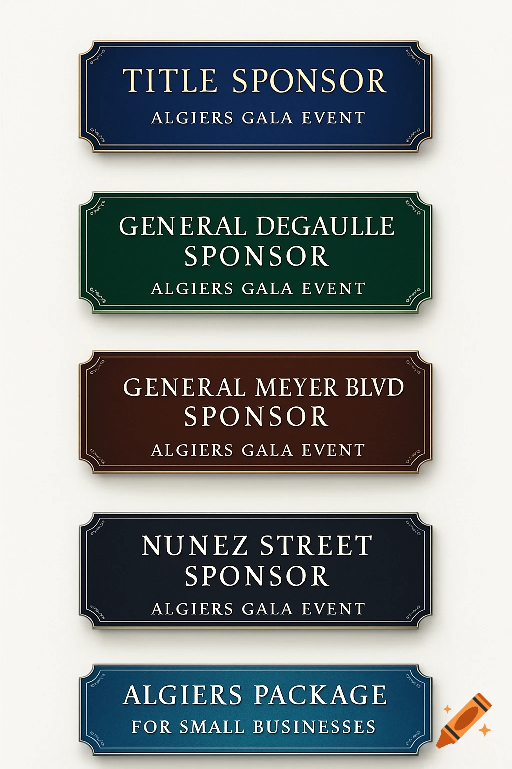 Five elegant rectangular plaques in various colors, each with gold trim and text listing sponsorship levels for an 'Algiers Gala Event' or 'Algiers Package for Small Businesses'.
