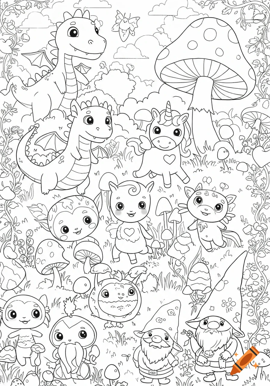 A black and white coloring page featuring cute cartoon fantasy creatures like dragons, unicorns, gnomes, and mushroom houses in a whimsical forest.