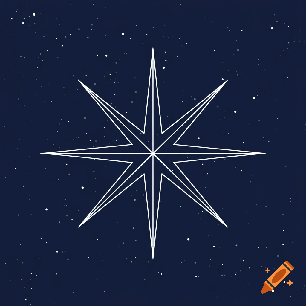 A white outline of an eight-pointed star, like a North Star, against a dark blue, starry background.
