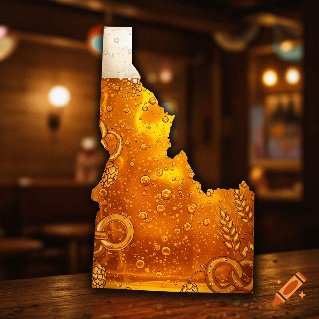 A silhouette of the state of Idaho filled with a frothy beer, hops, wheat, and pretzels, on a wooden bar.