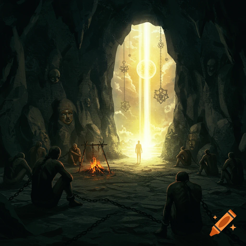Dark cave with chained figures around a fire, while one walks toward a bright, golden opening with floating geometric symbols.