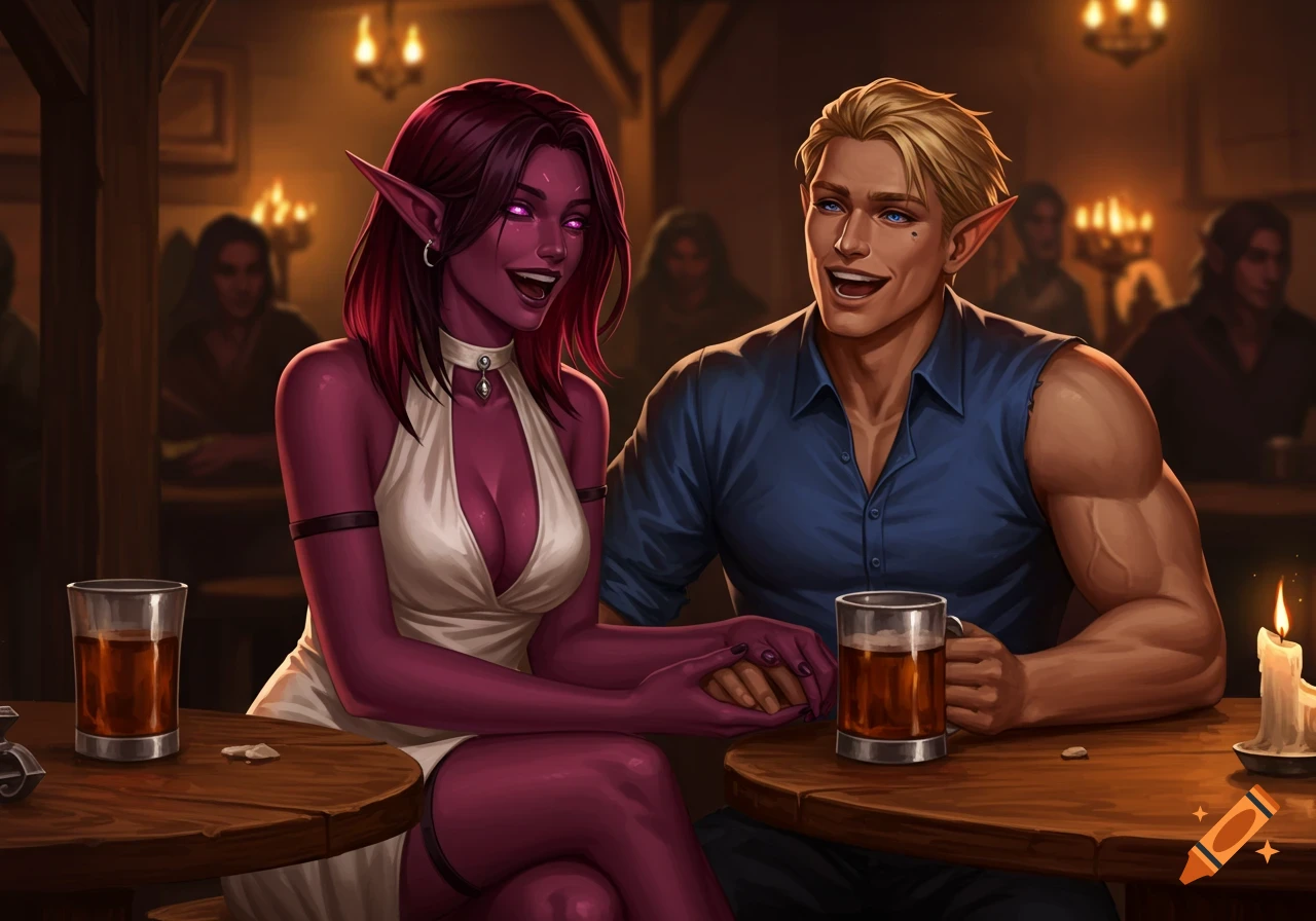 A smiling dark elf woman in a white dress and a blonde human man in a blue shirt hold hands at a tavern table, drinking and laughing, in an illustrative style.