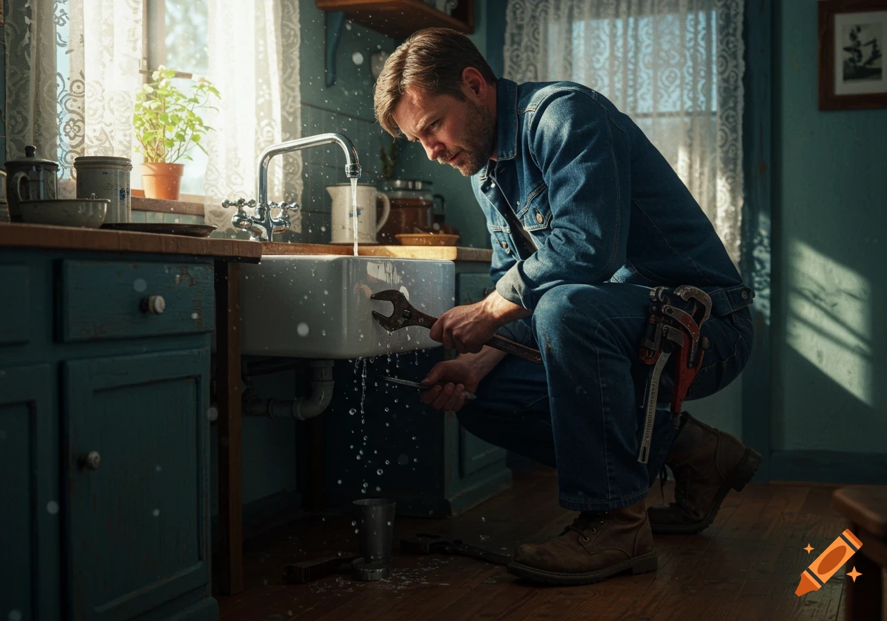 A man in a denim outfit crouches to fix a leaky kitchen sink, holding wrenches as water splashes.