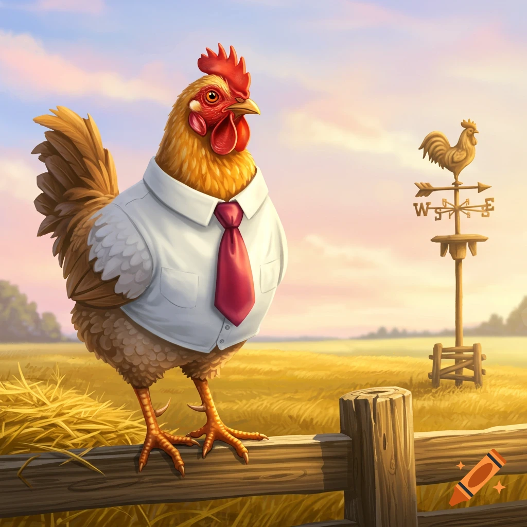 A stylized chicken wearing a white shirt and red tie stands on a wooden fence in a sunny farm field with a weather vane in the background.
