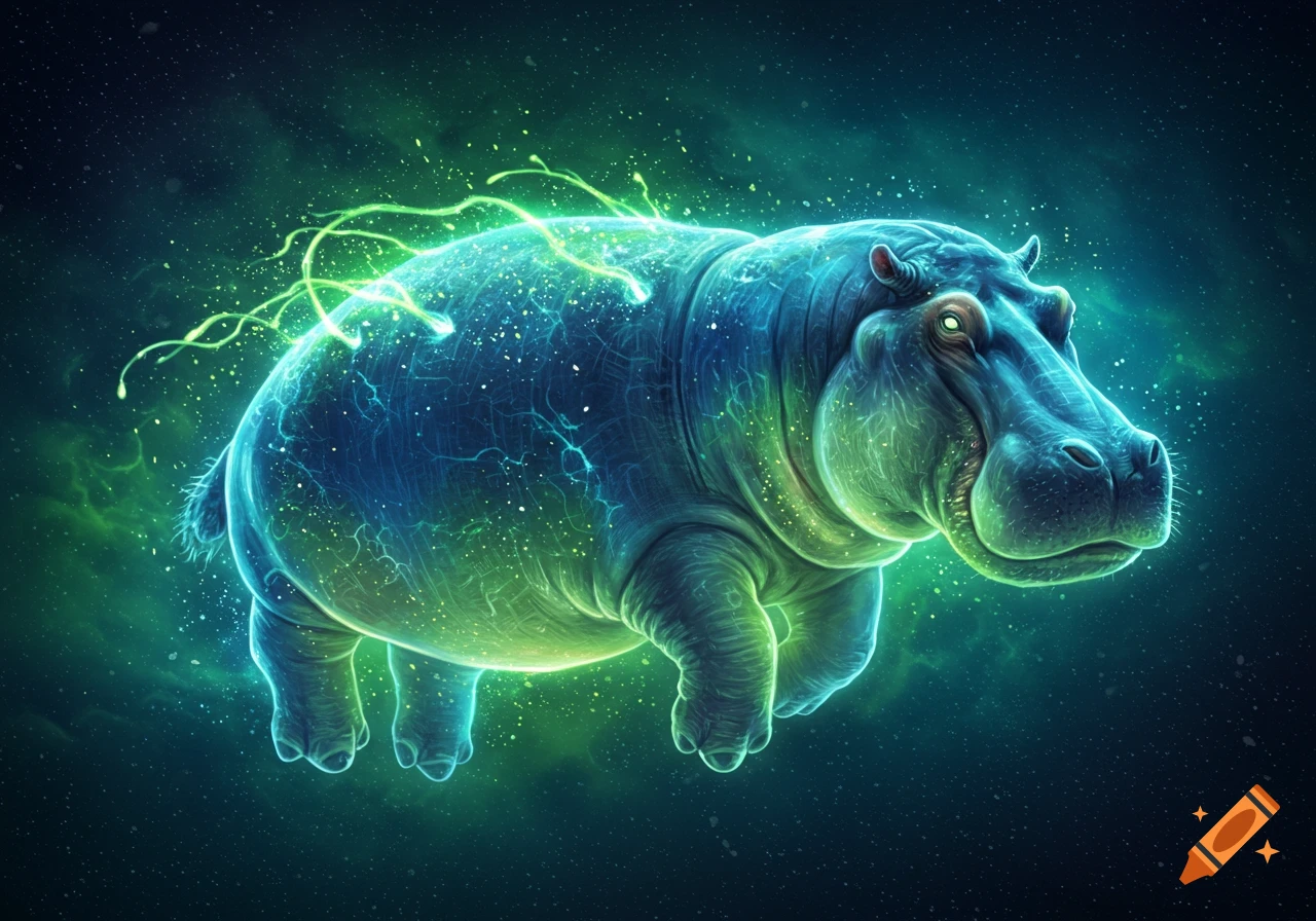 A bioluminescent hippo, glowing blue and green with plasma energy, floats in a dark, starry cosmic background with nebulous green clouds.