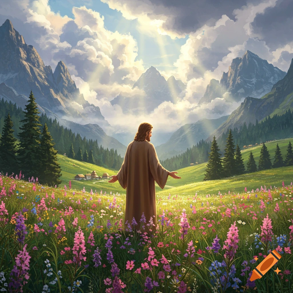 A digital painting shows Jesus in a brown robe, standing in a colorful wildflower meadow with mountains and sun rays in the background.