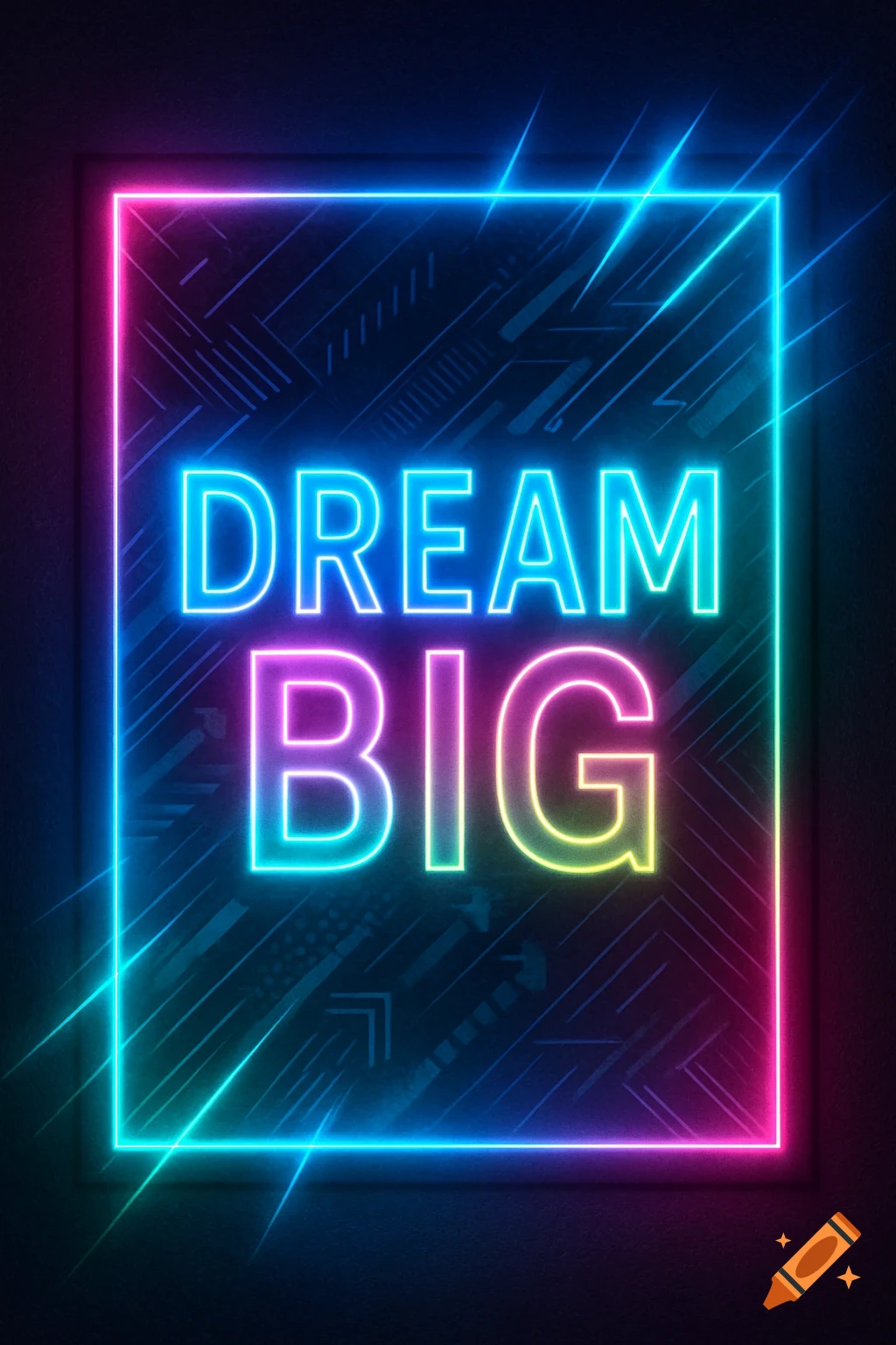 Neon sign with 'DREAM BIG' in vibrant blue, green, and pink, on a dark futuristic background.