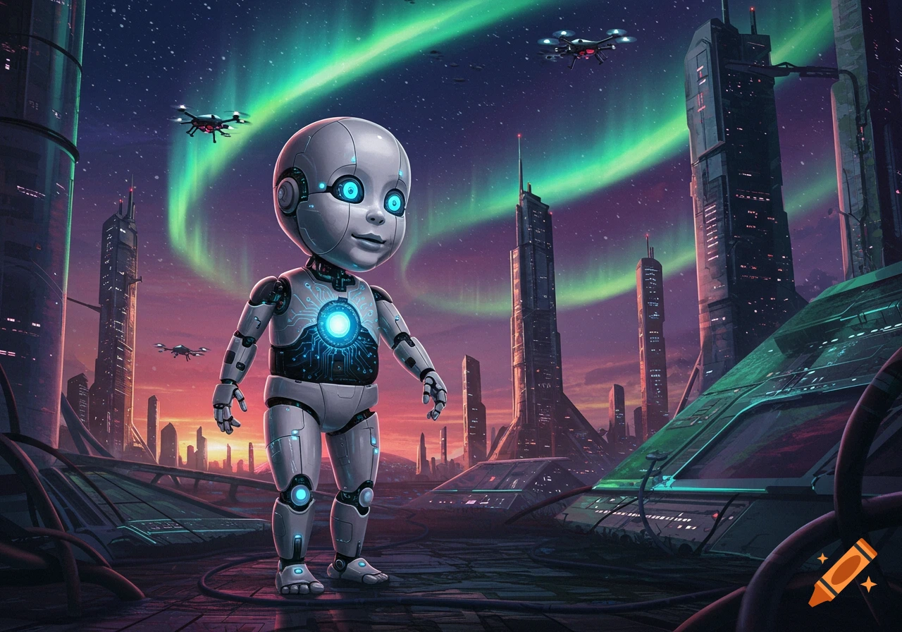 A cute baby robot with glowing blue details stands in a futuristic city under aurora borealis and flying drones.