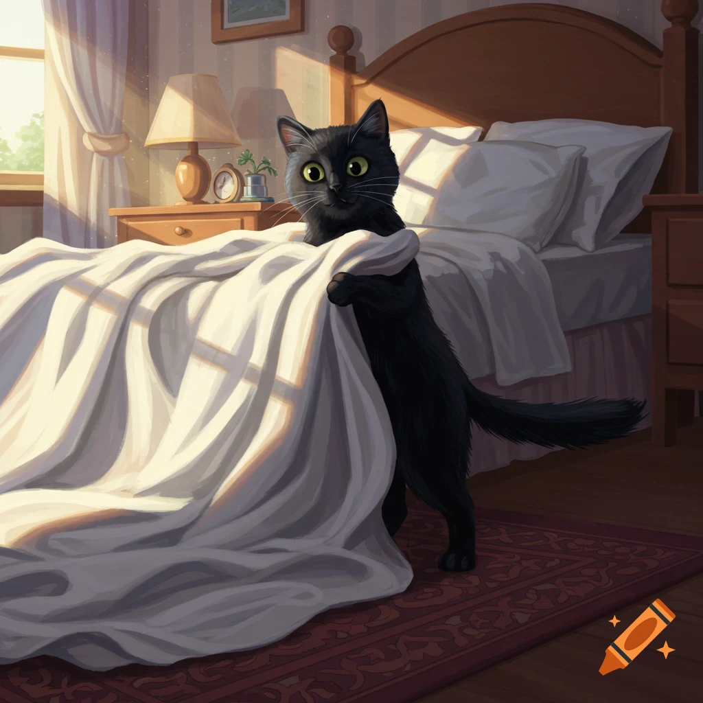 A charming illustration of a black cat tugging white blankets off a bed in a sunlit bedroom.