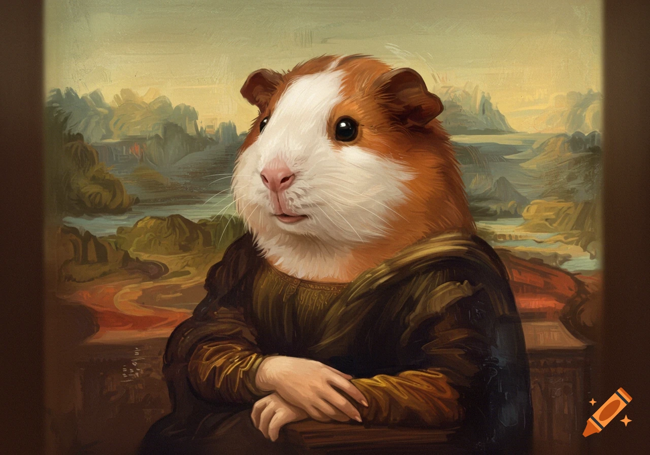 Painting of a guinea pig in Mona Lisa's pose, with a classic landscape background.