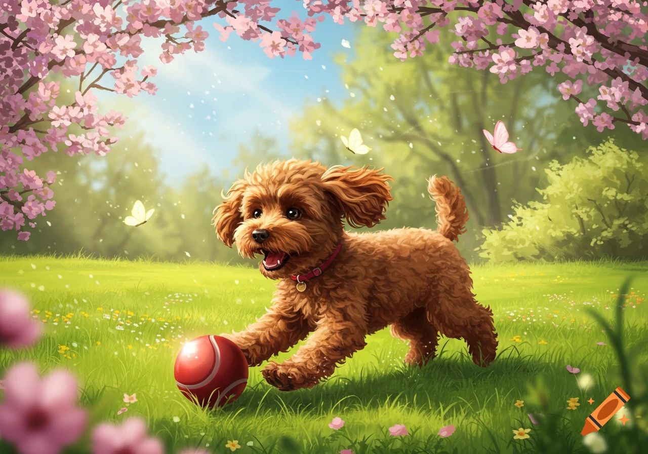 A cheerful brown cockapoo playing with a red ball in a sunny spring meadow, surrounded by pink cherry blossoms and butterflies. Illustration style.