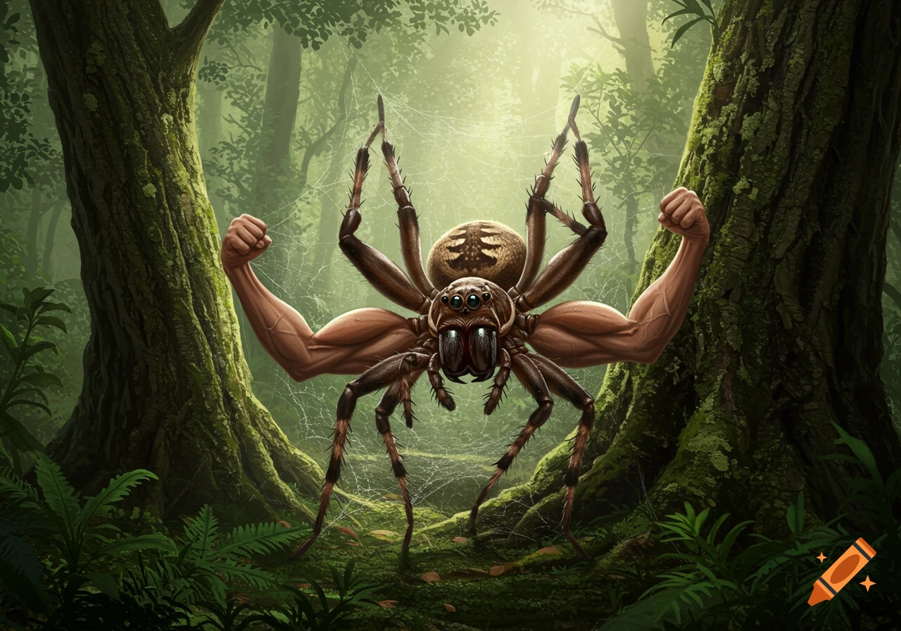 A detailed illustration of a muscular spider with buff human arms flexing in a lush, green jungle.