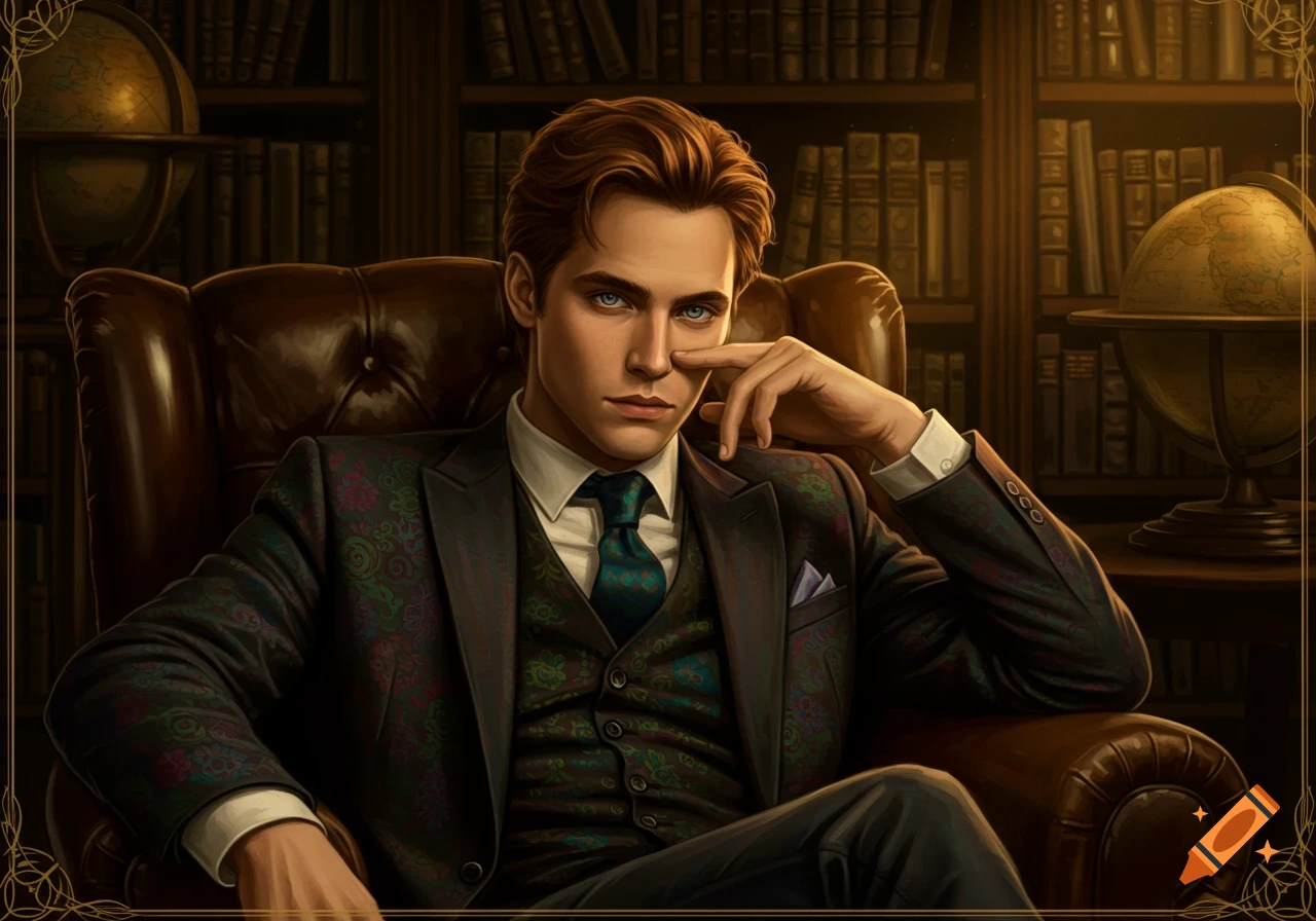 A digital painting of a handsome young man with auburn hair and blue eyes, wearing a patterned suit, sitting in a leather armchair in a dimly lit library.