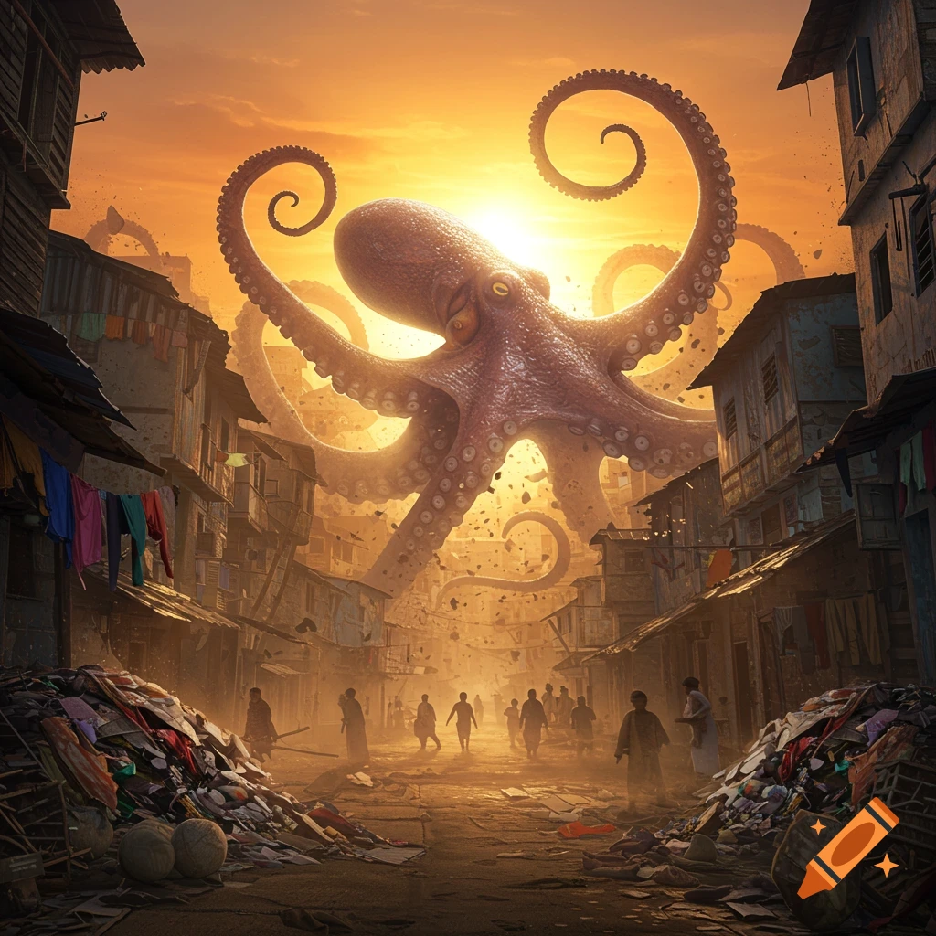 A giant octopus looms over a crowded, dilapidated slum street at sunset, with people scattering, in a photorealistic style.