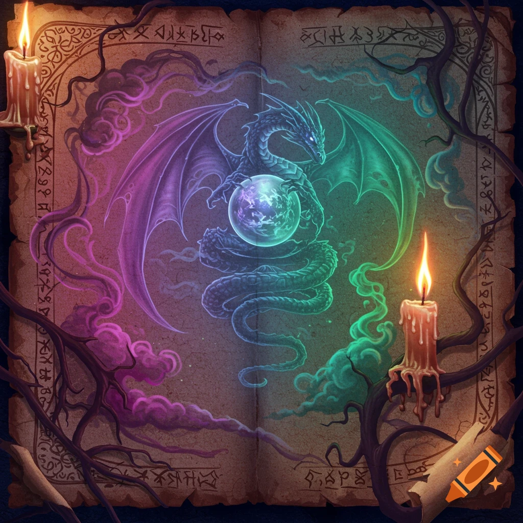 A glowing dragon holding a crystal orb, depicted on an ancient spellbook page with magical runes, candles, and ethereal smoke.