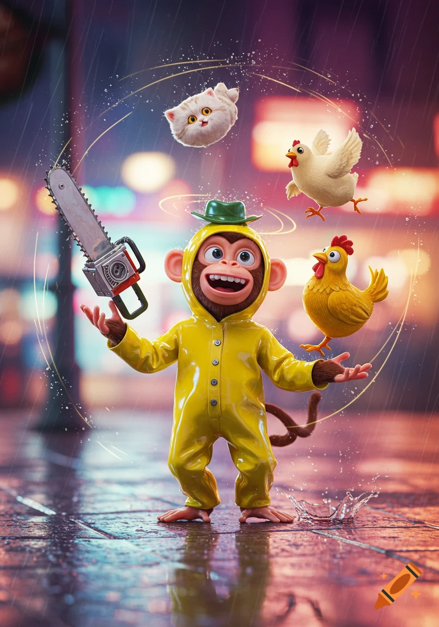 A vibrant 3D cartoon monkey in a yellow rain suit and green hat juggles a chainsaw, fluffy cat, and two chickens in a rainy city puddle at night.